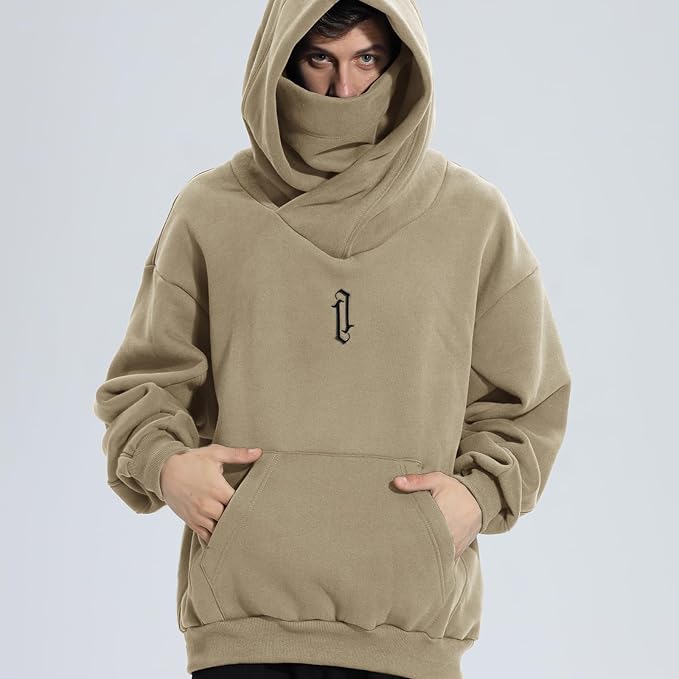 Fleece Hoodies for Men Cowl Neck Sweatshirts Hood with neck Gaiter Casual Pullover Fall Winter with Embroidery