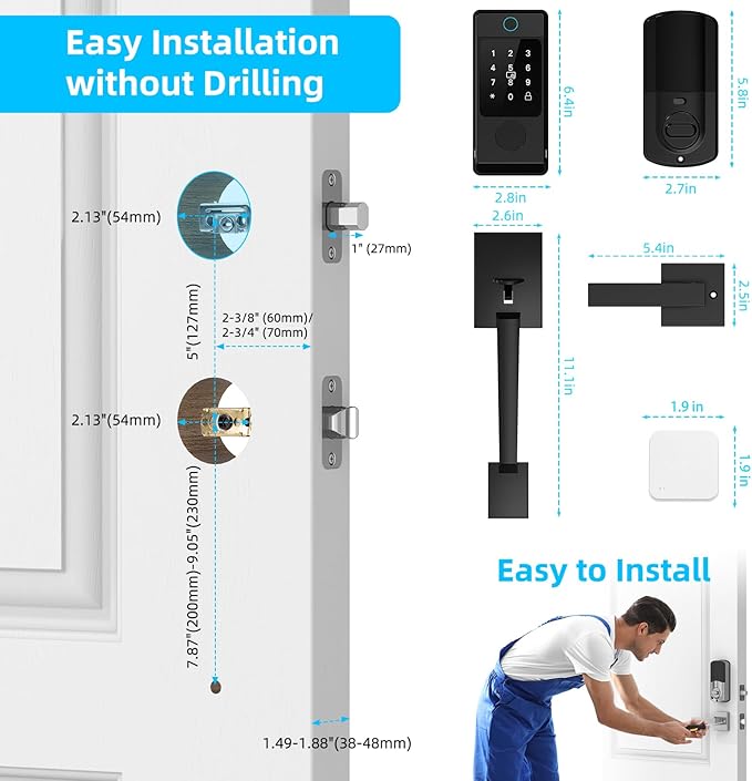 WiFi Smart Locks for Front Door with Handle Sets, Keyless Entry Door Lock Fingerprint Deadbolt, Electronic Digital Touchscreen keypad, App Control, Easy to Install (Black)