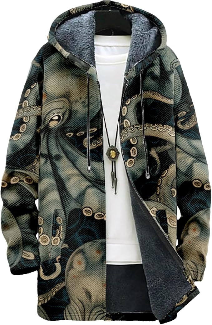 MARSVOVO Long Hooded Cardigan Men Japanese Art Style Fashion Cool Graphic Streetwear Winter Warm Lined Fleece Jacket