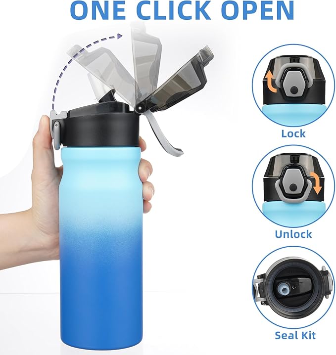 BJPKPK Water Bottle with Straw 18oz Insulated Water Bottles Reusable Stainless Steel Metal Thermal Flask with Leak Proof Lockable Lid and Carry Handle,Sky