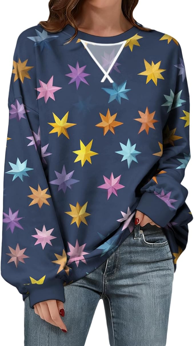 Womens Sweatshirts Fahsion Floral Print Long Sleeve Comfy Fall Tops Oversized Casual Crewneck Pullover Shirts