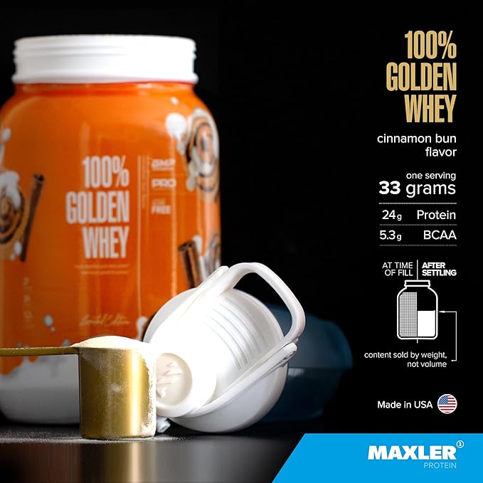 Maxler 100% Golden Whey Protein - 24g of Protein per Serving - Whey Protein Powder for Pre Post Workout - Fast-Absorbing Whey Concentrate, Isolate & Hydrolysate Blend - Cinnamon Bun 2 lb