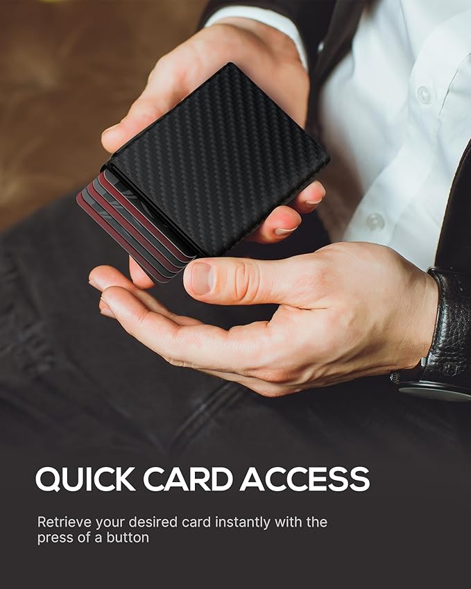 Mens Wallet Card Holder - Smart Wallet for Men, Pop Up Card Case, Top Grain Leather, RFID Blocking, Slim, Minimalist, Ultra-Thin, Front Pocket, 12 Card Capacity | ID Window | Cash Slot (Carbon Fiber)