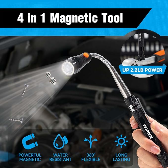 Magnet Pickup Tool with Telescoping Magnetic Flashlight and 6 in 1 Multitool Pen with Rulers, Bubble Level, Screwdrivers, Ballpoint, Christmas Stocking Stuffers for Men Adults, Birthday Gifts for Him