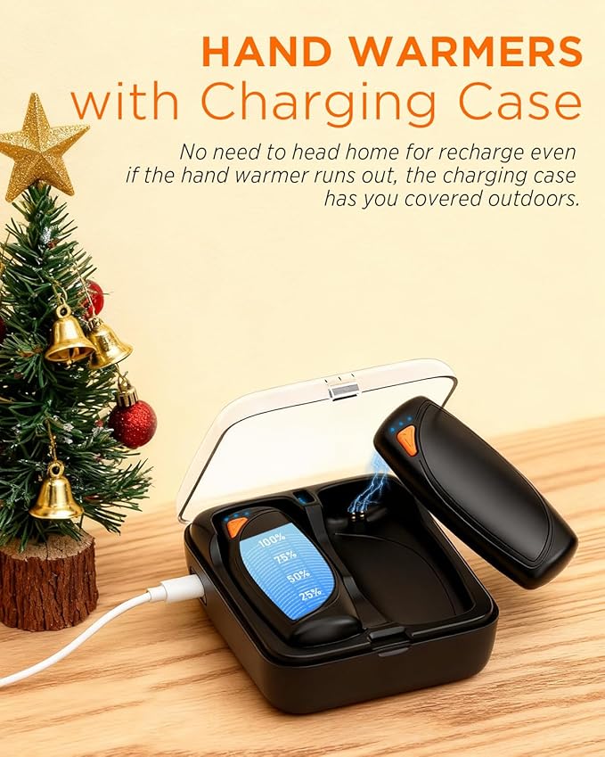 Hand Warmers Rechargeable with Charge Case, 2 Packs 14,000mAh Electric Hand Warmer Battery Powered Dual Sided Reusable Long Battery Life Portable Pocket Heater Gifts for Men Women Golf, Hunting Gear