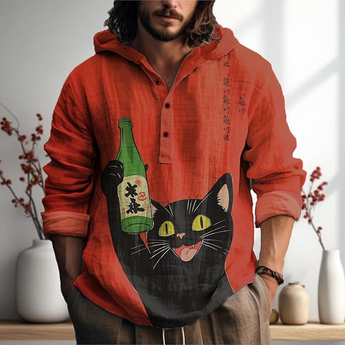 MARSVOVO Mens Japanese Art Long Sleeve Hooded Shirts Lightweight Quarter Button Hoodie Casual Cool Tops for Spring Fall