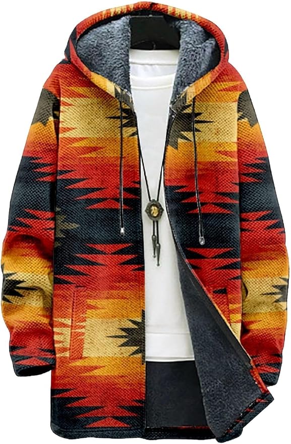 2025 Men's Ethnic Pattern Hooded Jacket Long Cardigan Hoodies Full Zip Vintage Knitted Zipper Coat with Pocket