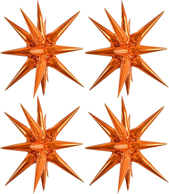 TONIFUL 4 Pcs 22inch 4D Orange Explosion Star Mylar Balloons 14Point Star Balloons for Party Backdrop Christmas,New Year Birthday,Halloween, Wedding Baby Shower Anniversary Photo Booth Supplies
