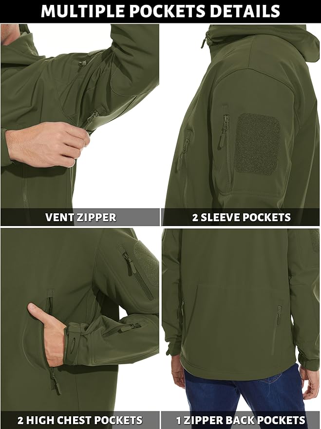 TACVASEN Men's Special Ops Military Tactical Soft Shell Winter Warm Fleece Lined Jacket Rain Hood Coat Hiking Snowboard