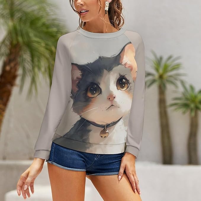 Long Sleeve Shirts for Women Cat Printed Fall Winter Dressy Holiday Casual Fashion Crewneck Tunic Tee Shirts