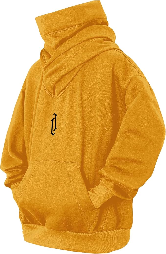 Fleece Hoodies for Men Cowl Neck Sweatshirts Hood with neck Gaiter Casual Pullover Fall Winter with Embroidery