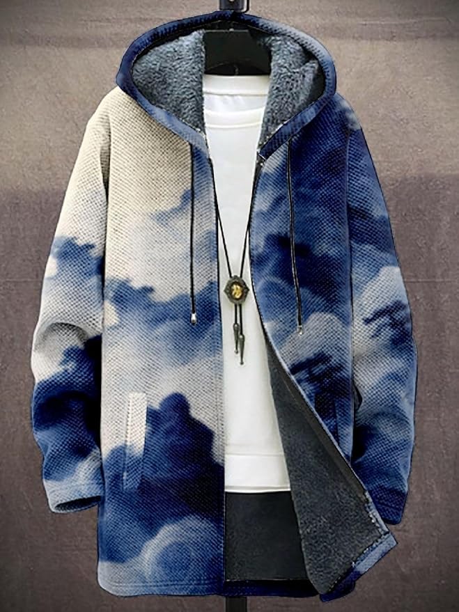 2025 Men's Ethnic Pattern Hooded Jacket Long Cardigan Hoodies Full Zip Vintage Knitted Zipper Coat with Pocket