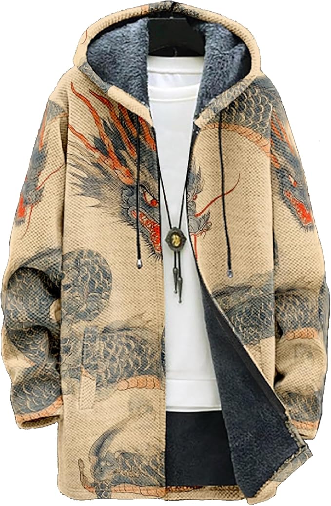 Mens Hooded Cardigan Japanese Art Zip Up Long Sleeve Sweater Hoodie Dragon Print Coat with Pockets