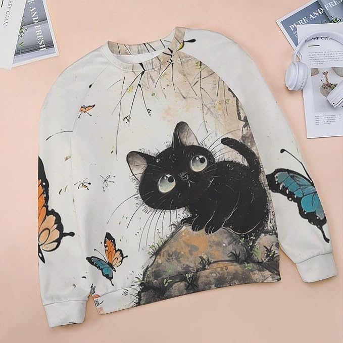 Long Sleeve Shirts for Women Cat Printed Fall Winter Dressy Holiday Casual Fashion Crewneck Tunic Tee Shirts