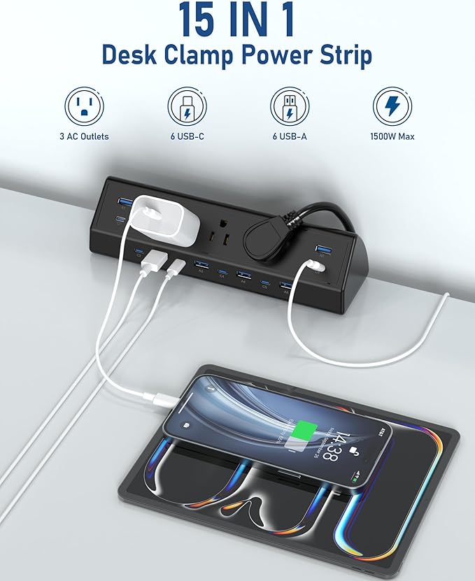 Jgstkcity 130W Desk Clamp Power Strip, 12 USB Ports (6 PD 65W USB-C),Surge Protector,ETL Listed Power Hub Extension Cord,Fast Charging Station for Home Office Desk Edge Mount (Black, 12 USB-130W)