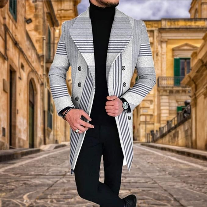 Men's Plaid Long Trench Coat Mid - Length Lapel Collar Button Down Warm Overcoat for Winter & Autumn Fashion