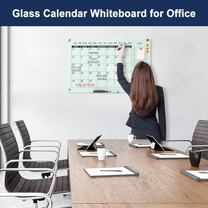 TSJ OFFICE Glass Calendar Whiteboard - 36 x 24 Inches Wall Mounted Monthly Dry Erase Calendar for Wall, Large Magnetic Glass White Board for Office, Home & School