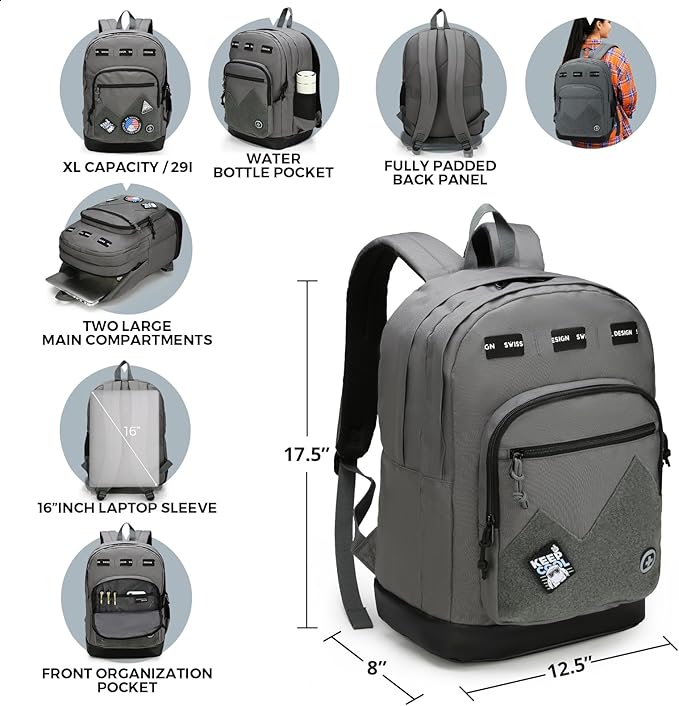 Swissdigital Design Big Student Laptop Backpack with Fun Personalized Patches For College Boys & Girls, Middle High School Teen Bookbag Cool Travel Daypack Grey- Includes 3 Patches | SD1718-03