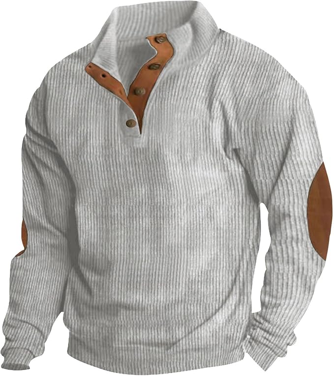 Men's Casual Corduroy Sweatshirt Long Sleeve Elbow Patches Pullover Fashion Stand Collar Quarter Button Sweatshirts
