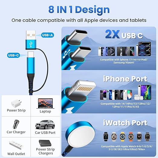 Multi Charging Cable for Apple Watch Charger, 4 in 2 USB A/C Phone Charger Cord with Dual Type-C/IP, iWatch Magnetic Cable Nylon Travel Essentials Compatible with iWatch/iPhone 17-11/Pod/Android, 5FT