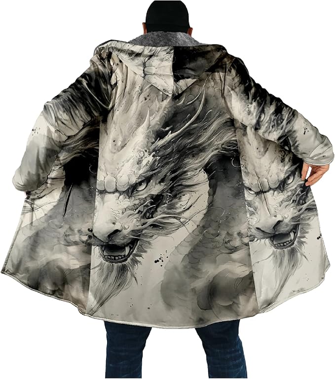 Mens Hooded Cardigan Japanese Art Zip Up Long Sleeve Sweater Hoodie Dragon Print Coat with Pockets