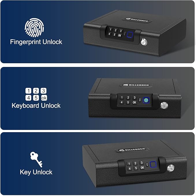 Gun Safe,Biometric Gun Safe for Pistols 3-Ways unlock Fingerprint Digital PIN Key Unlock with Sound, Lock box for Cloakroom living room Bedroom Nightstand and Car BILLCONCH