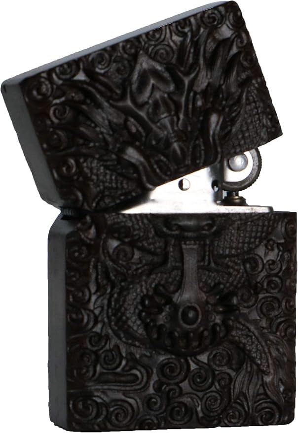 Natural Ebony Black Wood Carved Lighter Shell Box For Zippo Module (Dragon)