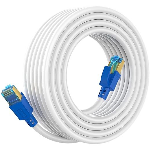 Cat8 Ethernet Cable 100ft,Internet Network Long LAN Cable,High Speed Indoor and Outdoor Shielded 100 Feet Patch Cable 2000MHz 40Gbps with Gold Plated RJ45 for Gaming/Xbox/Modem/Router-White