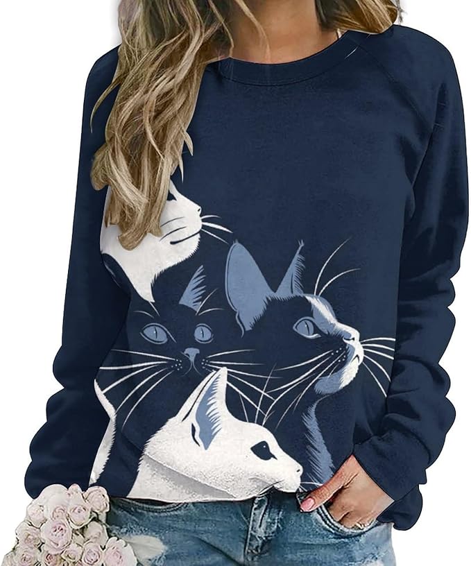 Long Sleeve Shirt Women Fall Cat Print Funny Hide Belly Vacation Plus Size Ladies Hippie Dressy Sweaters
