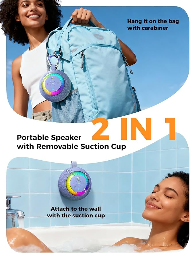 Shower Speaker Bluetooth Waterproof Portable: 360° Surround Sound, IPX7 Suction Cup Removable with Vacuum Exhaust Knob, 2 IN1, RGB Lights, BT5.4, TWS, Pool/Beach/Kayak, Gifts for Adults Teens-Blue