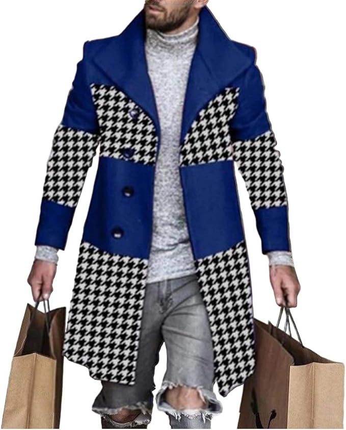 Men's Plaid Long Trench Coat Mid - Length Lapel Collar Button Down Warm Overcoat for Winter & Autumn Fashion