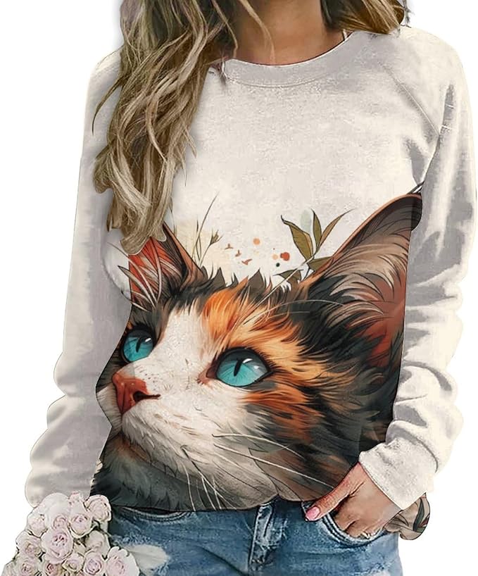Sweatshirt for Women Cat Print Fashion Funny Plus Size Ladies Dressy Crewneck Casual Trendy Tee Shirts