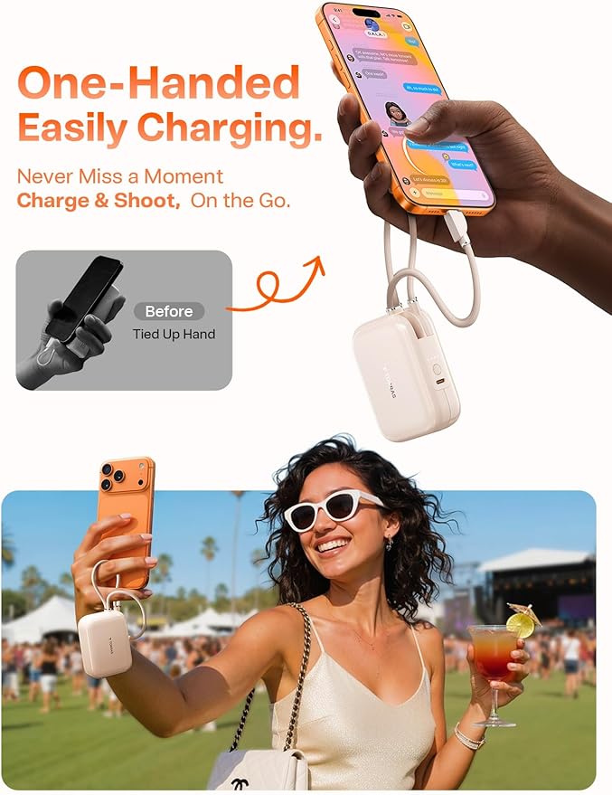 TORRAS EasyGo Portable Charger 10000mAh, 45W Ultra-Fast USB-C Power Bank with Dual Built-in Cables, Integrated Lanyard Design for One-Hand Use, Battery Pack Compatible with iPhone 16/17 Pro, Samsung