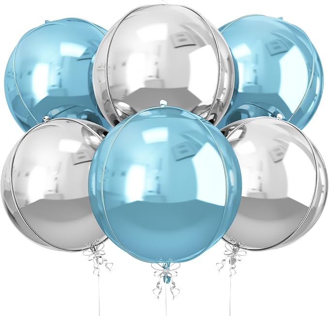 6Pcs Blue Silver Round Foil Balloons, 22inch 4D Metallic Silver Blue Balloons, Large Round Foil Ball Balloon for Boys Men Birthday Graduation Wedding Anniversary Party Backdrop Decoration
