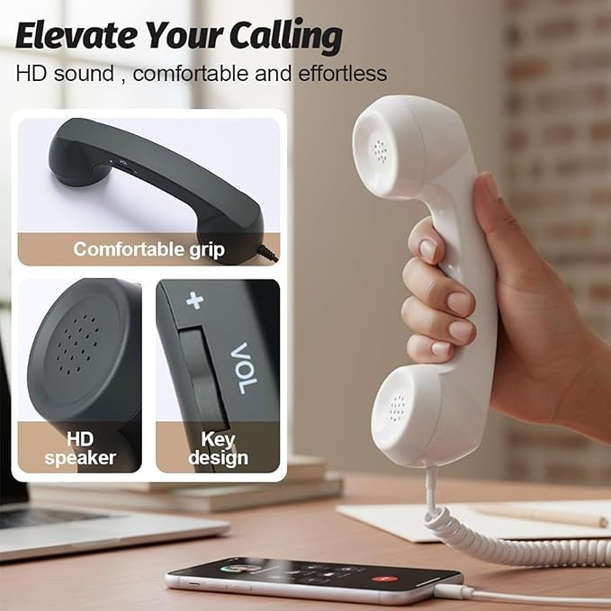 Retro Phone Handset, Type-C Telephone Style Landline Handle Receiver, Vintage Telephone to Landline Adapter, Connect to Cell Phones, with Answer Button, Microphone Speaker