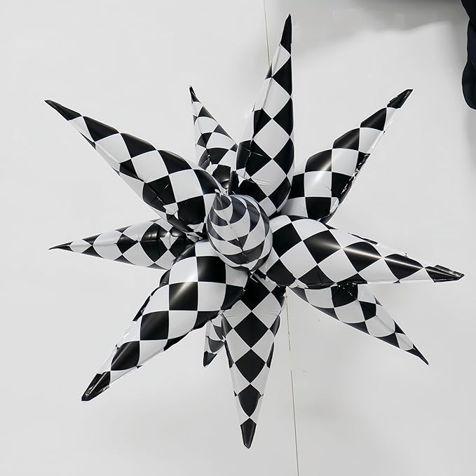 3 * 12 Pcs Black White Checkered Explosion Pointed Star Foil Balloons/Talladega Nights Party Decorations/Alice Themed Party/Las Vegas Casino Party/Race Car Birthday Decor/Father's Day(3 Pcs Black)