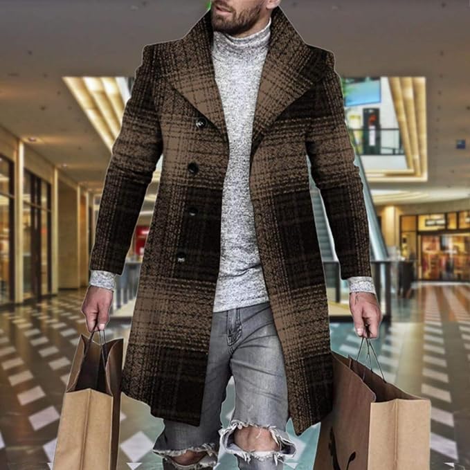 Men's Plaid Long Trench Coat Mid - Length Lapel Collar Button Down Warm Overcoat for Winter & Autumn Fashion