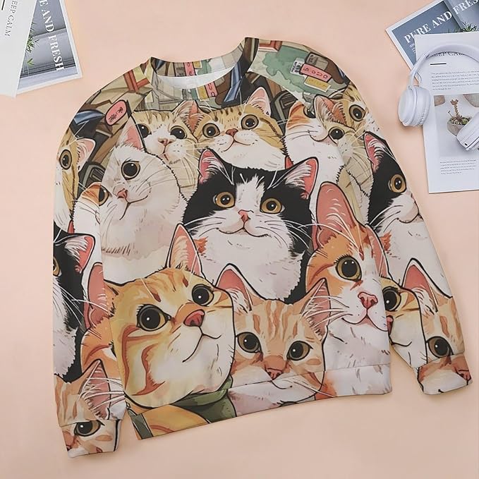 Long Sleeve Shirt Women Fall Cat Print Funny Hide Belly Vacation Plus Size Ladies Hippie Dressy Sweaters