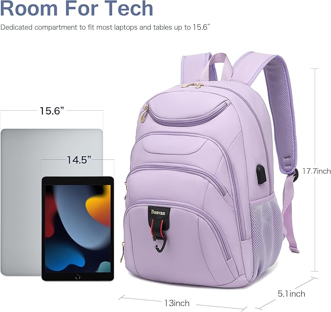 Boavan Laptop Backpack for women, 15.6inch Laptop Bag with USB Port, Waterproof Travel Work Backpack Purse, Anti-Theft Teacher Nurse Doctor Casual Bookbags Office Business backpack，Purple