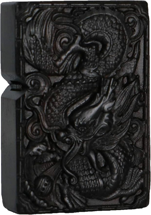 Natural Ebony Black Wood Carved Lighter Shell Box For Zippo Module (Dragon Phoenix)