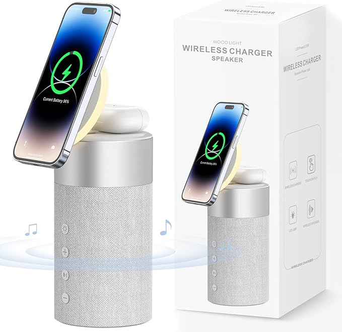 COLSUR Bluetooth Speaker with Night Light - 3 in 1 Magnetic Wireless Charger for iPhone 17/16/15/14/13/12 Series, AirPods Pro 2/4/3/2，Gifts for Men& Women