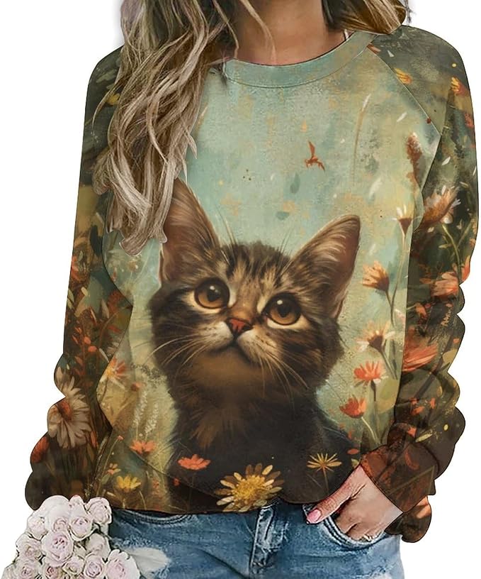 Sweatshirt for Women Cat Print Fashion Funny Plus Size Ladies Dressy Crewneck Casual Trendy Tee Shirts