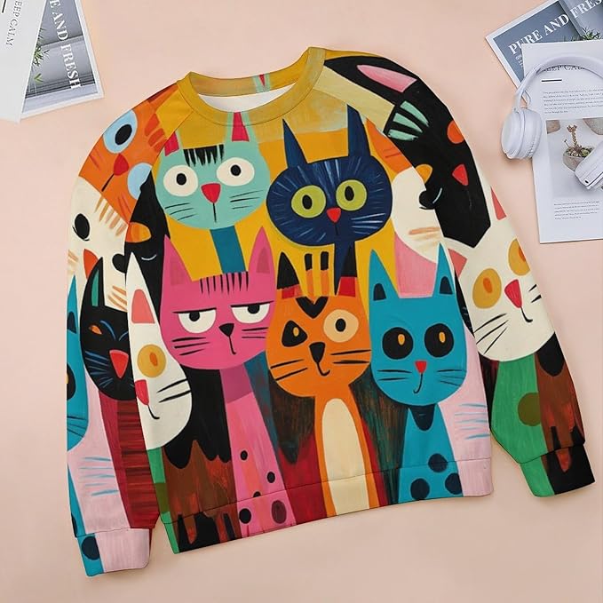 Fall Sweaters for Women 2024 Cat Print Long Sleeve Casual Crewneck Warm Fall Pullover Comfy Fashion Sweatshirts