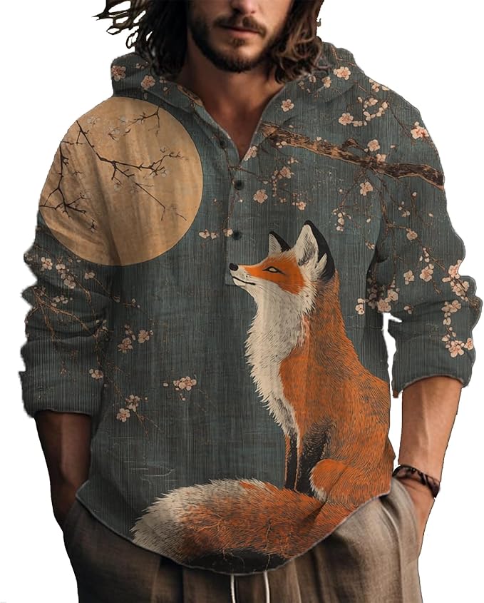 MARSVOVO Hooded Long Sleeve Shirt Men Fashion Graphic Button Up Lightweight Big and Tall Casual Vacation Shirts for Men