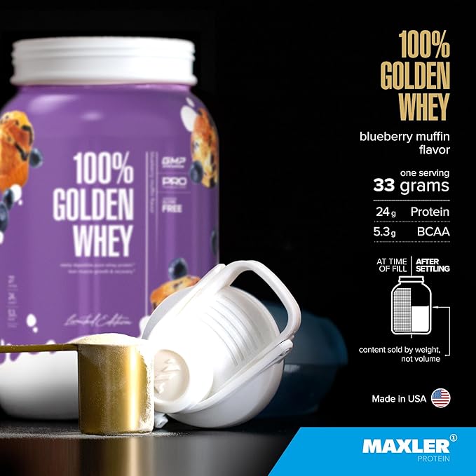 Maxler 100% Golden Whey Protein - 24g of Protein per Serving - Whey Protein Powder for Pre Post Workout - Fast-Absorbing Whey Concentrate, Isolate & Hydrolysate Blend - Blueberry Muffin 2 lb