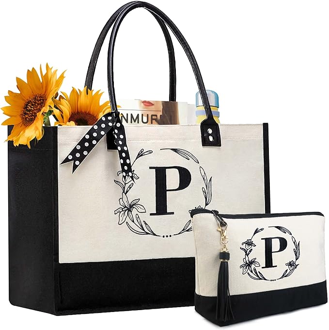 BeeGreen Personalized Gift for Women Mother Friends Initial Monogram Tote Bag Birthday Christmas Gifts Bag with Leather Handles & Inner Zipper Pocket Letter P