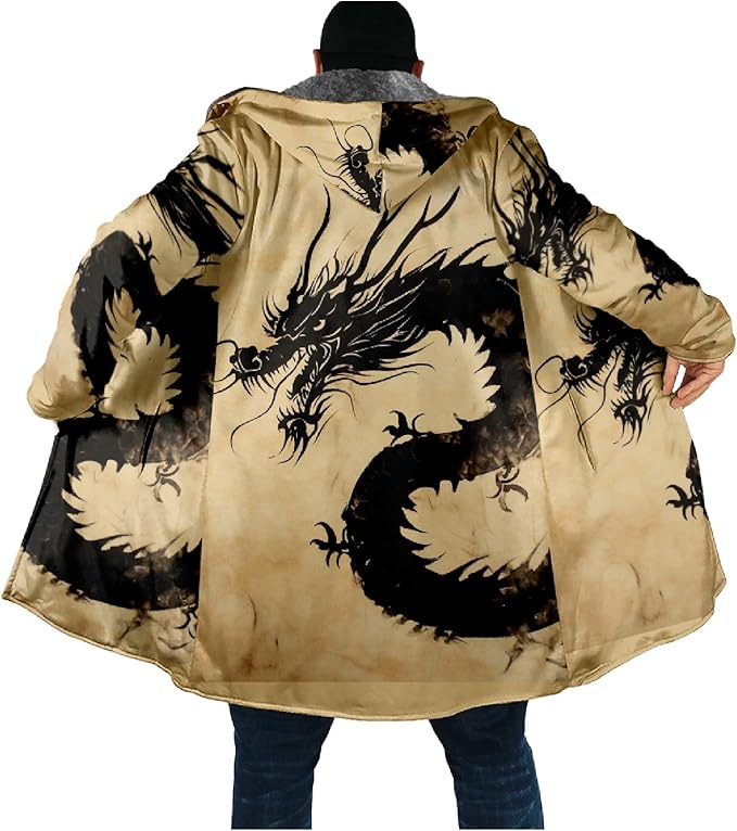 Mens Hooded Cardigan Japanese Art Zip Up Long Sleeve Sweater Hoodie Dragon Print Coat with Pockets