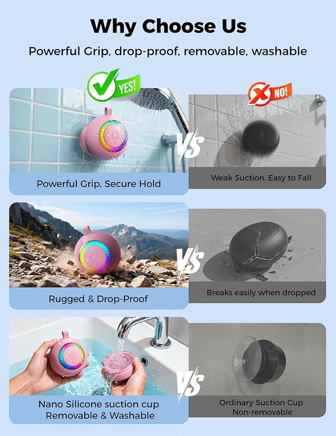 Shower Speaker Bluetooth Waterproof Portable: 360° Surround Sound, IPX7 Suction Cup Removable with Vacuum Exhaust Knob, 2 IN1, RGB Lights, BT5.4, TWS, Pool/Beach/Kayak, Gifts for Adults Teens-Pink