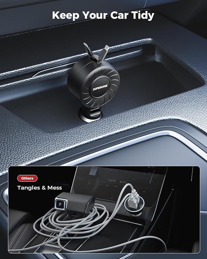 SUPERONE Retractable Car Charger with Retractable Cords, Small Fast Charge Retractable Car Phone Charger for iPhone and Android, Compatible with iPhone 17/16/15/14/13/12/11 Pro Max Samsung