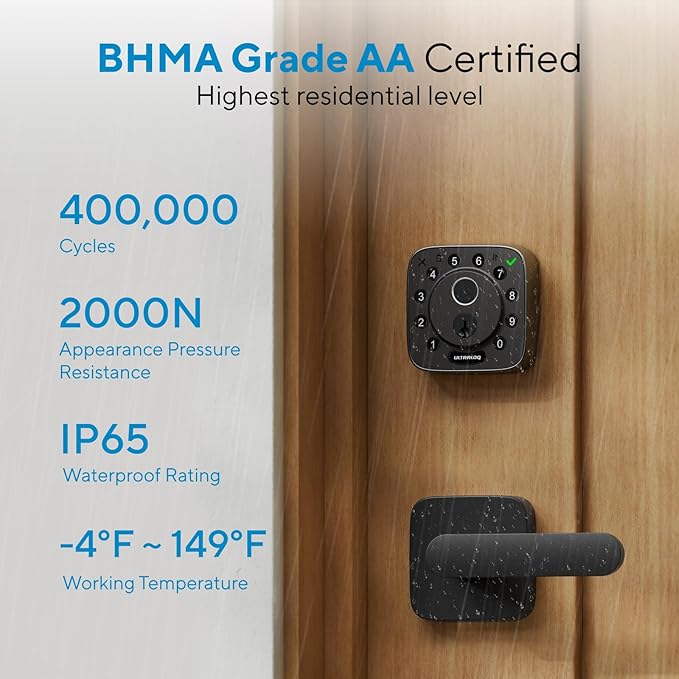 ULTRALOQ Bolt Fingerprint WiFi Smart Lock, Works with Apple Home, Siri, Alexa, Keyless Entry with Fingerprint ID, App Remote Control, Keypad Deadbolt, BHMA Cert., Easy Install, IP65, Black
